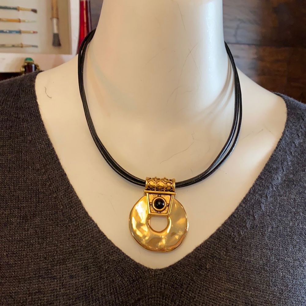 Chico's gold pendant necklace black stone leather cord